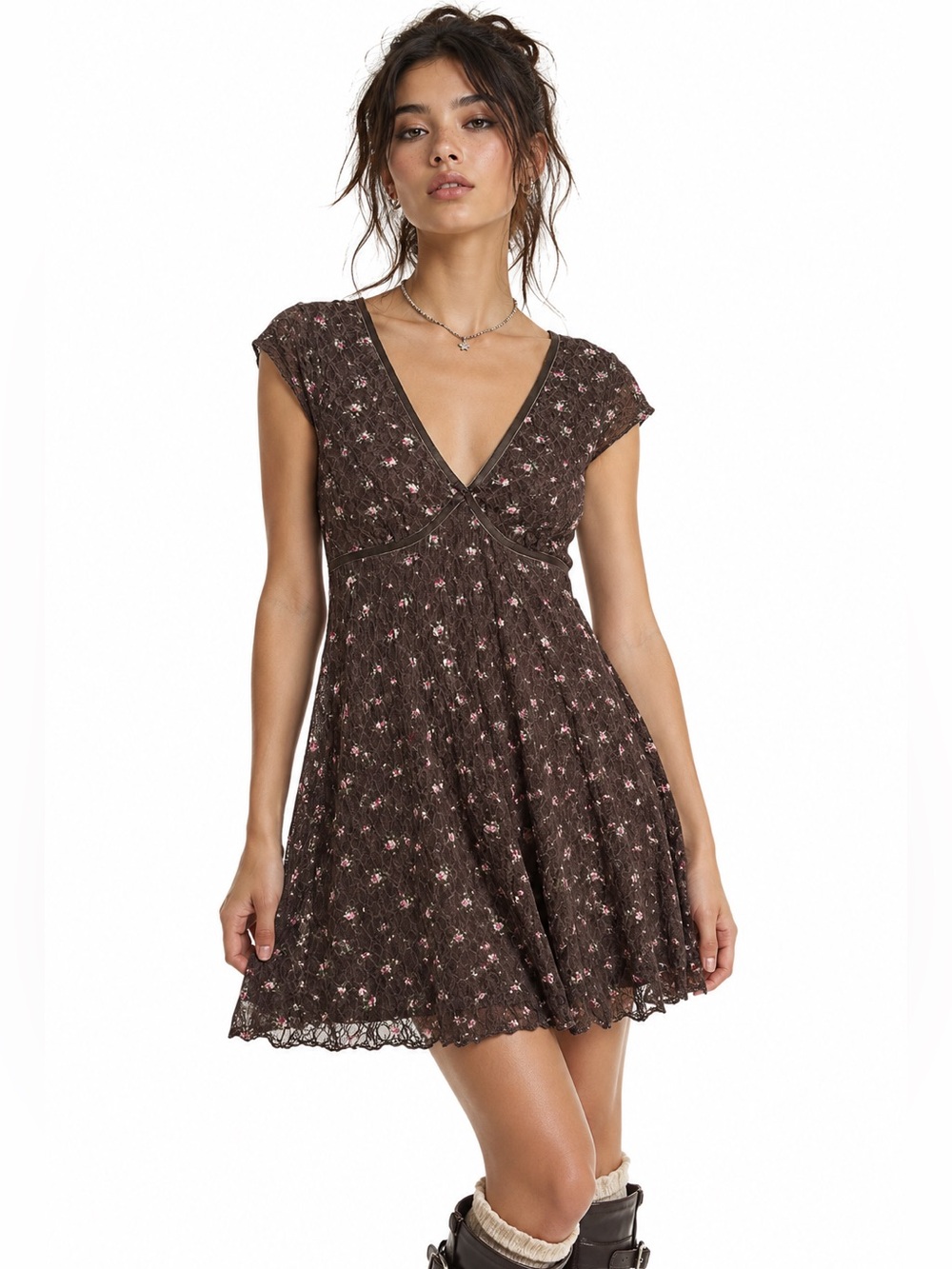 Y2K Brown Lace Floral Babydoll Mini Dress Fairy Grunge Coquette Mall Goth Size L